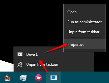 access properties of exe file pinned to taskbar