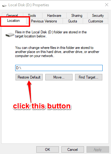 click restore default button