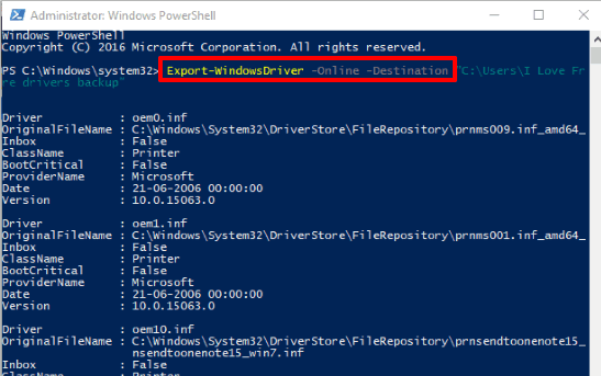 command to backup device drivers using powershell