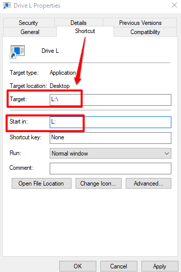 enter usb drive letter in target and start in fields