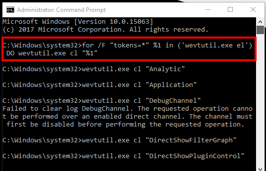 execute event log clearing command