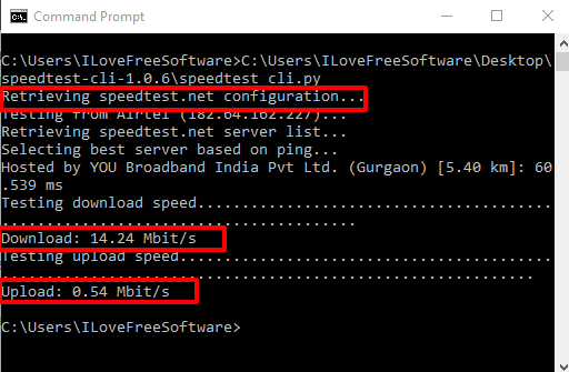 internet upload and download speed results visible in command prompt