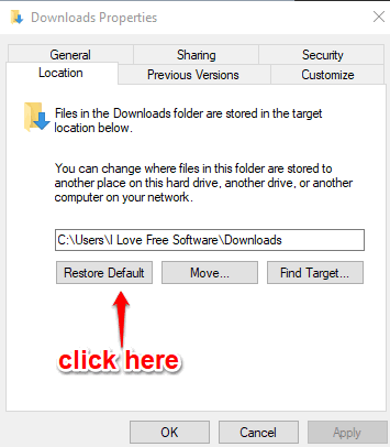 restore downloads folder to default location