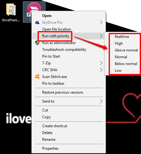 run an application with priority level using context menu in windows 10