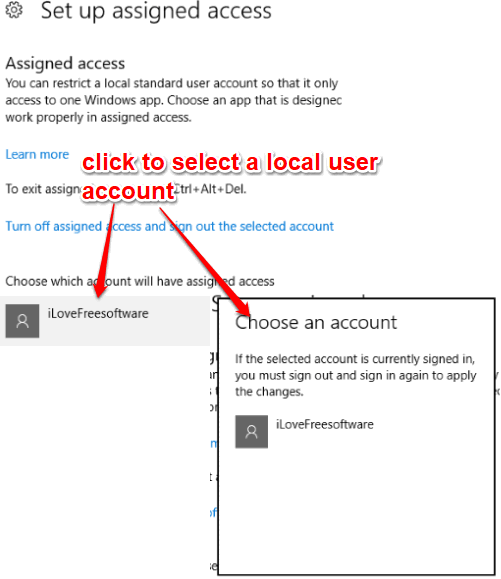 select a local user account from the list