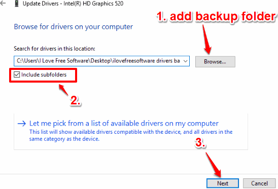 select backup folder including sub folders and restore driver