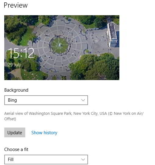 select bing option to apply bing image as lock screen background