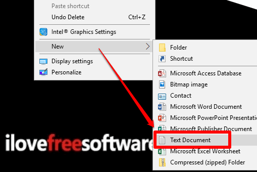 select text document option in desktop context menu