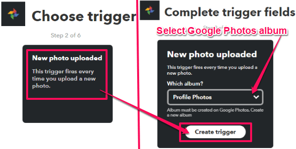 select trigger and google photos album