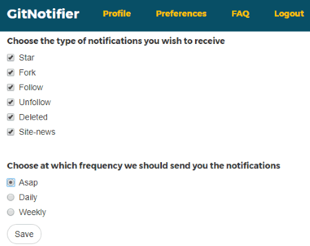 select type of notifications and frequency to receive emails