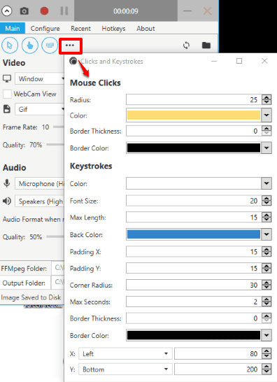 set mouse clicks and keystrokes option