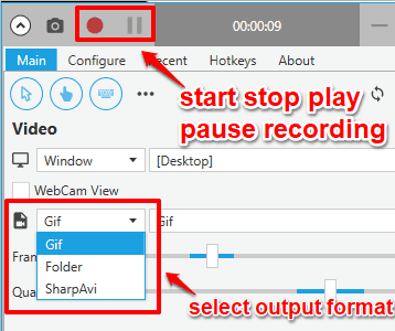 set output format and start recording