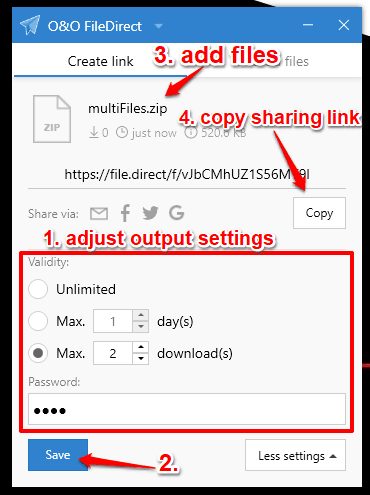 set output settings add files and get sharing link