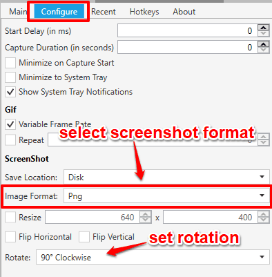set screenshot format and rotation