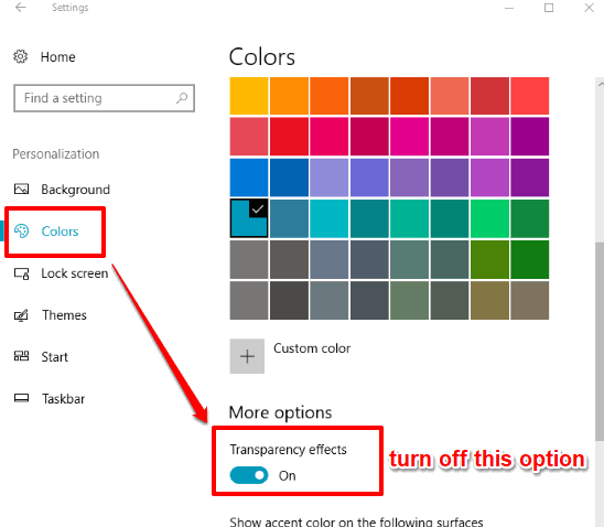turn off tranparency effects option