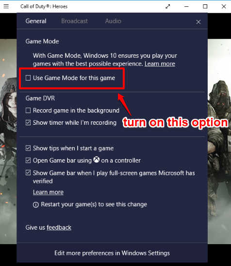 turn on use game mode for this game option