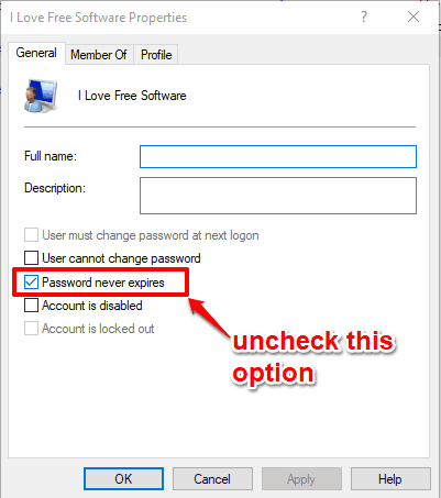 uncheck password never expires option