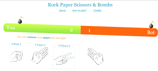 Rock Paper Scissors and Bombs website interface