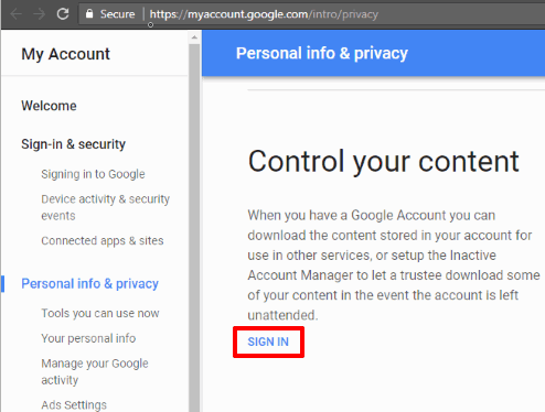 access control your content section and sign in to google account