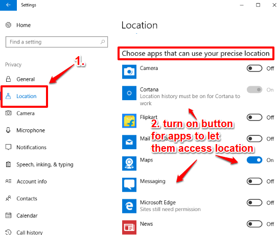 access location page and turn on button for apps for location access