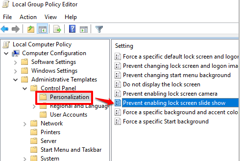 access prevent enabling lock screen slide show under personalization folder
