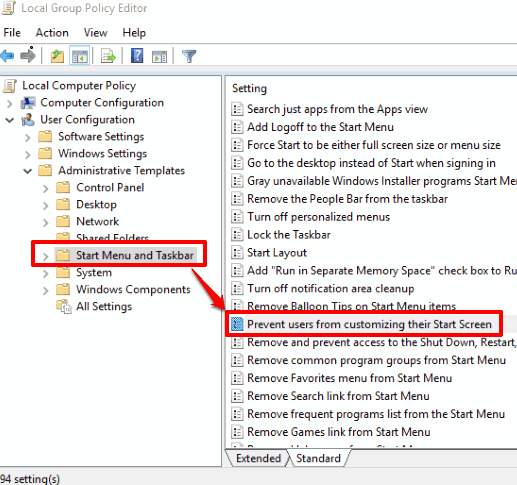 access start menu and taskbar folder and then prevent customizing start screen option