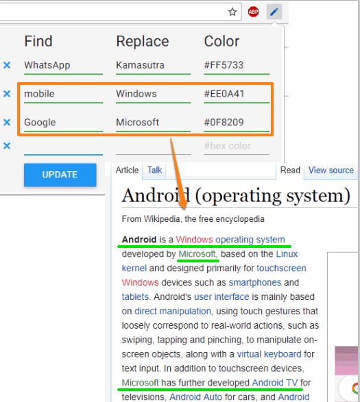 add find and replace words set hex code and update changes