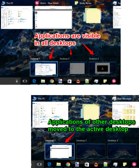 applications of all desktops moved to active desktop in windows 10