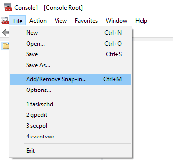 click add remove snap-in option in file menu