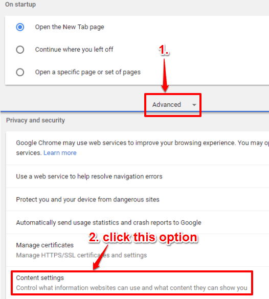 click advanced option and then content settings option