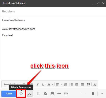 click attach screenshot icon in compose mail window