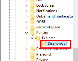 create DisallowCpl key under Explorer key