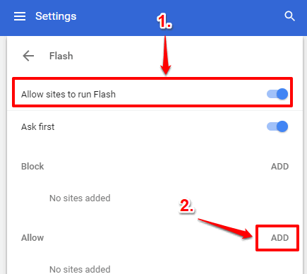 enable allow sites to run flash option and then click add option