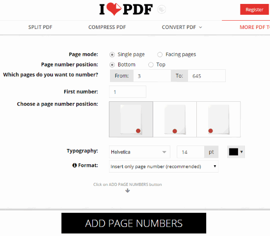 iLovePDF- add page numbers feature