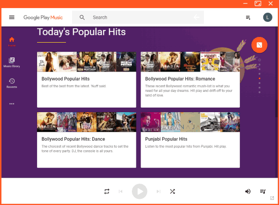 interface opened with home section of google play music