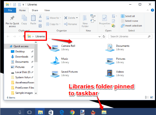 libraries folder icon pinned to taskbar