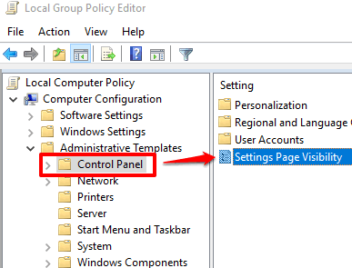 open settings page visibility option under control panel folder