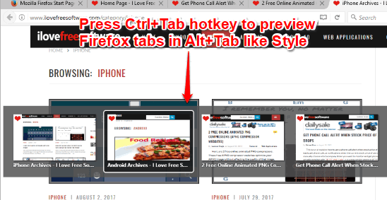press ctrl+tab to preview firefox tabs