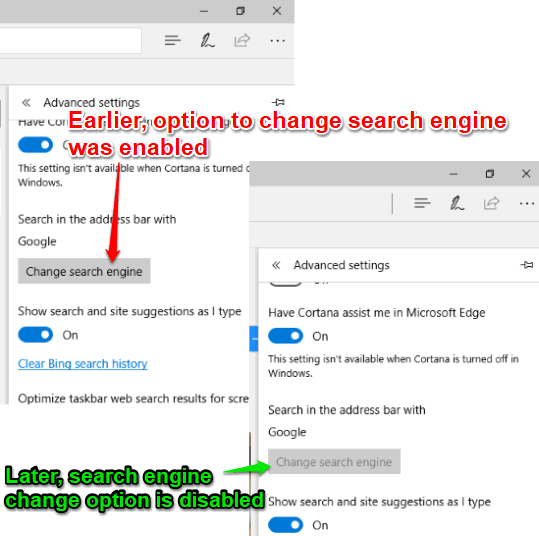 search engine change disabled in microsoft edge