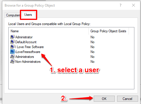 select a user and press ok