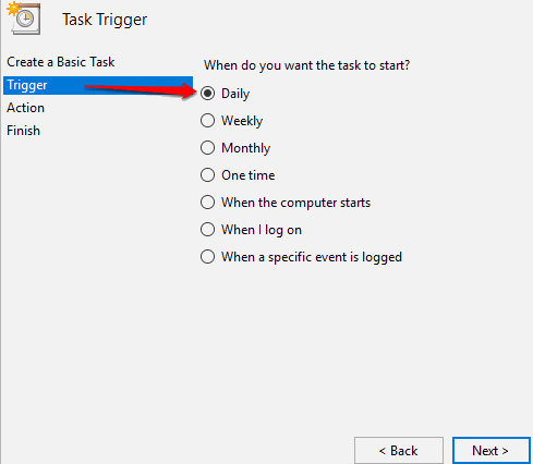 select daily option in trigger section