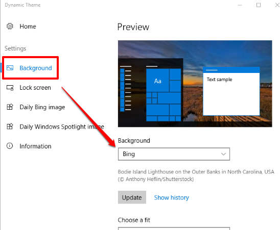 set bing option for background and update