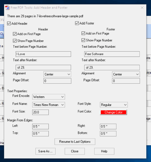 set header and footer options