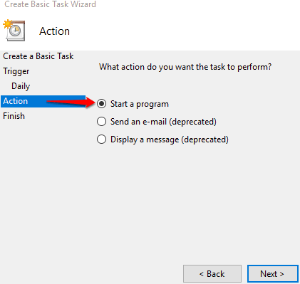 start a program option is selected in action section