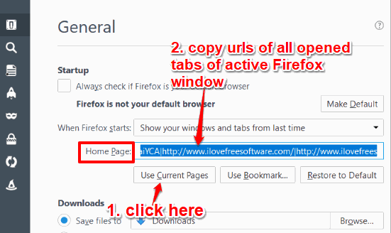 use current pages button and copy urls of firefox tabs