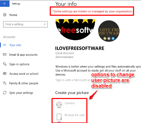user picture change options are disabled