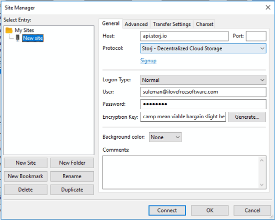 FileZilla Storj configuration