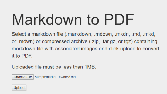 Markdown2pdf.com website interface