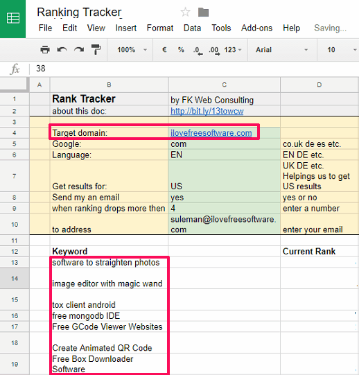 Ranking tracker google sheet set up domain and keywords