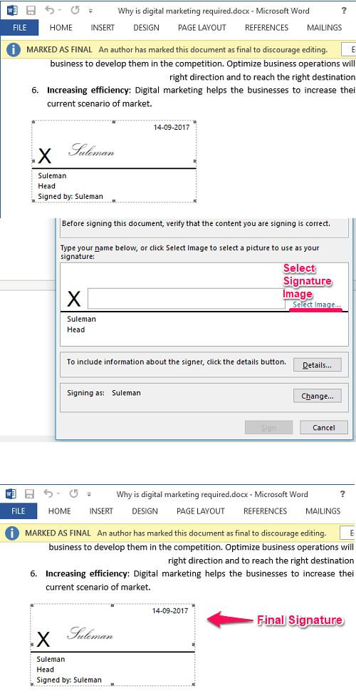 Signature line addede in ms word